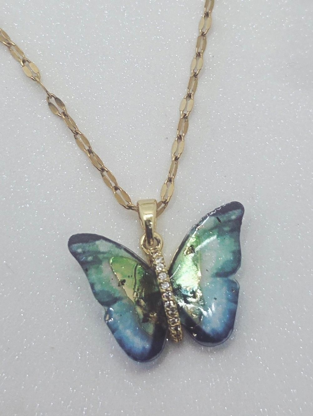 18K Gold Plated Titanium Blue & Green Butterfly Choker Pendant Necklace - Picture 4 of 6